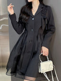 Fashion Women's Dress Solid Color Long Sleeve Patchwork Gauze Knee-length High Waist Bow Lace Dress Summer 2023 New