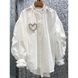 Korean Fashion Patchwork Diamond Shirt For Women Stand Collar Long Sleeve Solid Button Through Blouse Female