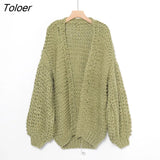 2023 Autumn And Winter Sweater Cardigan Bohemian Style Hand-knitted Bat Lantern Sleeve Sweater Jacket Female