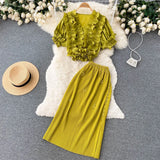 Ruffled Elegant Chic Women Set Summer 2022 V Neck Fashion Tops+ Knitted Elastic Waist Skirt Solid Two Piece