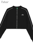 Grunge Zip Up Hoodie Streetwear Women Korean Fashion Casual Slim Sweatshirts Striped Black Long Sleeve Cropped
