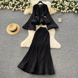 Fashion Strap To The Waist Horn Sleeve Lotus Loaf Under The Pendulum Folding Folding Top + High-Waisted Fish Tail Half-Body