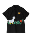 2022 Women's Black T Shirt Short Sleeve Polo-Neck Cute Cartoon Print Tees Spring Summer Tops Korean Fashion Casual