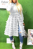 Mesh Cascading Ruffles Extra-long Coat for Women Zipper Up Long Sleeve Slim Jackets Autumn Winter High Waist