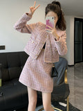 Fragrance Vintage Tweed Two Piece Set Women Crop Top Woolen Short Jacket Coat + Mini Skirts Sets Pink Two Piece
