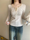 Ruffled Lace Trim Front Tie Long Sleeve Tee-Outfit