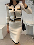 Autumn Women Office Knitted Skirt Set Long Sleeve Pockets Cardigan Tops + High Waist Mini Skirt Knitting 2 Two Pieces
