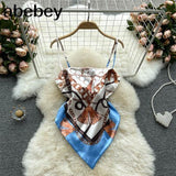 Treny Print Top Women's Sexy Backless Strap Camis Scarf Tie Crop Top Beach Holidays Sexy All-matching Summer