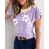 Women New Fashion Ruffled Short Sleeves Chiffon Top Shirts Floral Print Round Neck Casual Slim Fit Top Blouse