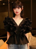 Casual Patchwork Ruffle Shirts For Women V Neck Short Sleeve Ruched Slim Blouses Female 2022 Summer Fashion