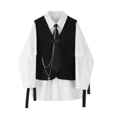 Spring Autumn Women's Two-Piece Sets Streetwear Fashion Tooling Style Vest And Solid Loose Long Sleeve Shirts Female