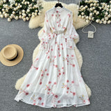 Elegant Dress Women 2025 New Fashion Set To Collect Waist Thin Temperament Print Chiffon Over-Capped