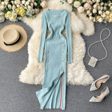 Women Sexy Split Knitting Dress Autumn Winter O Neck Long Sleeve Dress Korean Elasticity Warm Sheath Sweater