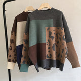 Leopard-Print Spliced Sweater Female Soft Thick Sheep Velvet Long Sleeve Knitted Tops In