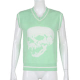 2022 Women's Knitted Vest Blue Skull Print Sleeveless Sweater Vest Waistcoat Casual Oversize Vest Pullover Green