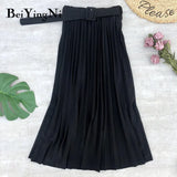 2020 Autumn Summer Women Skirt Midi With Belt Pleated Female Skirts Casual Luxury Korean Faldas Ladies Saias Chic