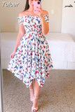 Summer Ladies Sexy Off Shoulder Flower Print Dress Elegant Short Sleeve Elastic Irregular Casual Dress Vestido De