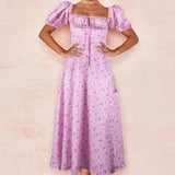 Dress Women Flroal Printed Maxi Dresses Short Puff Sleeve Drawstring Ruched Party High Split Vestidos Long Sexy