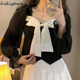 Blusas Mujer De Moda Square Collar Long Sleeve Tunic Shirts Irregular White Blouses Crop Tops Fashion Korean Blouse