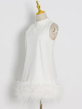 Summer Fashion Mini Dress For Women Round Neck Sleeveless Patchwork Feathers Loose Dresses Female 2023 Clothing