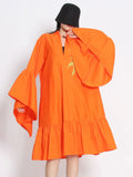Vintage Loose Dress For Women V Neck Flare Sleeve High Waist Embroidered Midi Dresses Female Summer Clothing