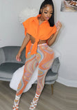 Sexy Turn-down Collar Sleeveless Solid Open Side Loose Shirt and Print Skinny Pants