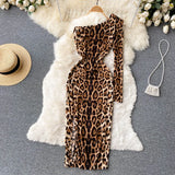 Bodycon Dress Women Sexy Diagonal Collar One Shoulder Slim Club Party Dress Spring Off Shoulder Leopard
