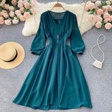 Autumn Vintage V-Neck Chiffon Dress Women Elegant Puff Long Sleeve High Waist Purple/Green/White Robe Female Casual Vestidos