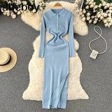 Autumn Knitted Dress Women Long Sleeve Elastic Waist Split Sweater Dress Ladies Party Sexy Warm Bodycon Maxi Long