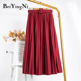 2020 Casual Belted Pleated Skirt Woman Midi Fashion Elegant Retro Chic Skirt Female Harajuku Spring Summer Faldas