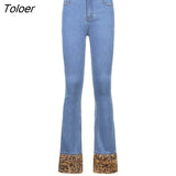 Patchwork Leopard Boot Cut Jeans Women Vintage Y2K Aesthetic 90s Streetwear Denim Trousers Low Waist Slim Flare