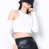 Casual Skinny Cut Out T Shirt For Women Round Neck Long Sleeve Solid Knitting T Shirts Female Summer Clothing