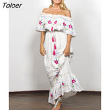 Boho Women Elegant Embroidered Lace Maxi Dress Off the Shoulder Sexy Slash Neck Casual Beach Summer Dress Female