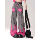 Street Graffiti-Print Straight Jeans Women High-Rise Thin Legs Loose-Fall Tug On The Ground Long Pants