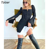 Elegant Black Spliced Split Bodycon Dress Square Neck Puff Sleeve Panelled Slender Fit Flare Mini Dress Women Autumn