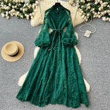 Stand-Up Single Buckle Heavy Industry Hook Flower Embroidery Lantern Sleeve With A Long Dress With A Big