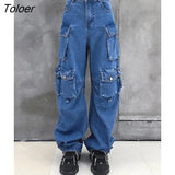 Blue High Waist Cargo Jeans Women Multi Pockets Long Casual Denim Mom Jeans Harajuku 90s Retro Vintage Baggy