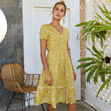 Dress Yellow Casual Ladies Floral Print Ruffle Buttons Holiday Dresses Fashion Summer Clothes For Women New Arrival
