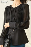 Temperament Shirts for Women Fashion Chiffon Blouse O-neck Long Sleeve Chiffon Tops Blouses Korean Vintage Blusas