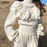 Floral White Knitted Sweater Women Fashion Vintage Turtleneck Lantern Sleeve Female Elegant Pullovers Chic Retro