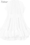 Asymmetrical Solid Mini Dresses For Women Round Neck Short Sleeve High Waist Spliced Plieasted A Line Dress Female