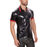 Toloer Men's Sexy Soft Matte Leather Vest Bright Leather Short Sleeve T-Shirt Size Accurate No Smell-Outfit