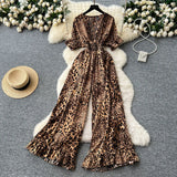 Dress Holiday Wear Chic Light Leisure V Collar Short Sleeves Tight Waist High Waist Thin Leg Print Jump