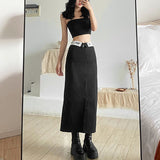 Vintage Y2k Long Black Skirt Women Fashion Streetwear 90s High Waist Printed Patchwork Back Split Straight Midi