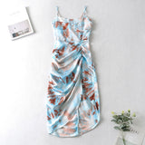 Summer Spaghetti Strap Beach Dress Women Printed Split Sexy Holiday Dress Sleeveless Backless Pleated Satin Midi