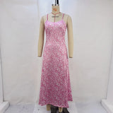 Toloer Women's New Floral Sexy Back Closed Waist Open Slit Sling Dress Women's Dress-Outfit