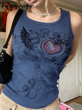 y2k Printed Crop Top Knitted Diamonds Kawaii Grunge Tank Tops Fairycore Sleeveless Sweats Cute Mini Vest Women
