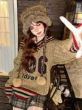 Brown V-neck Letter Print Oversize Sweater-Outfit