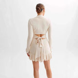 Bow Tied With Lot Of Leaves Side Of The Knitted Dress Pearl Buckle Long-Sleeved Little Scented Style