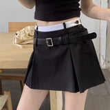 Preppy Pleated Mini Skirt for Women Korean Style Summer Patchwork High Waist Casual Belt A-line Skirt Shorts